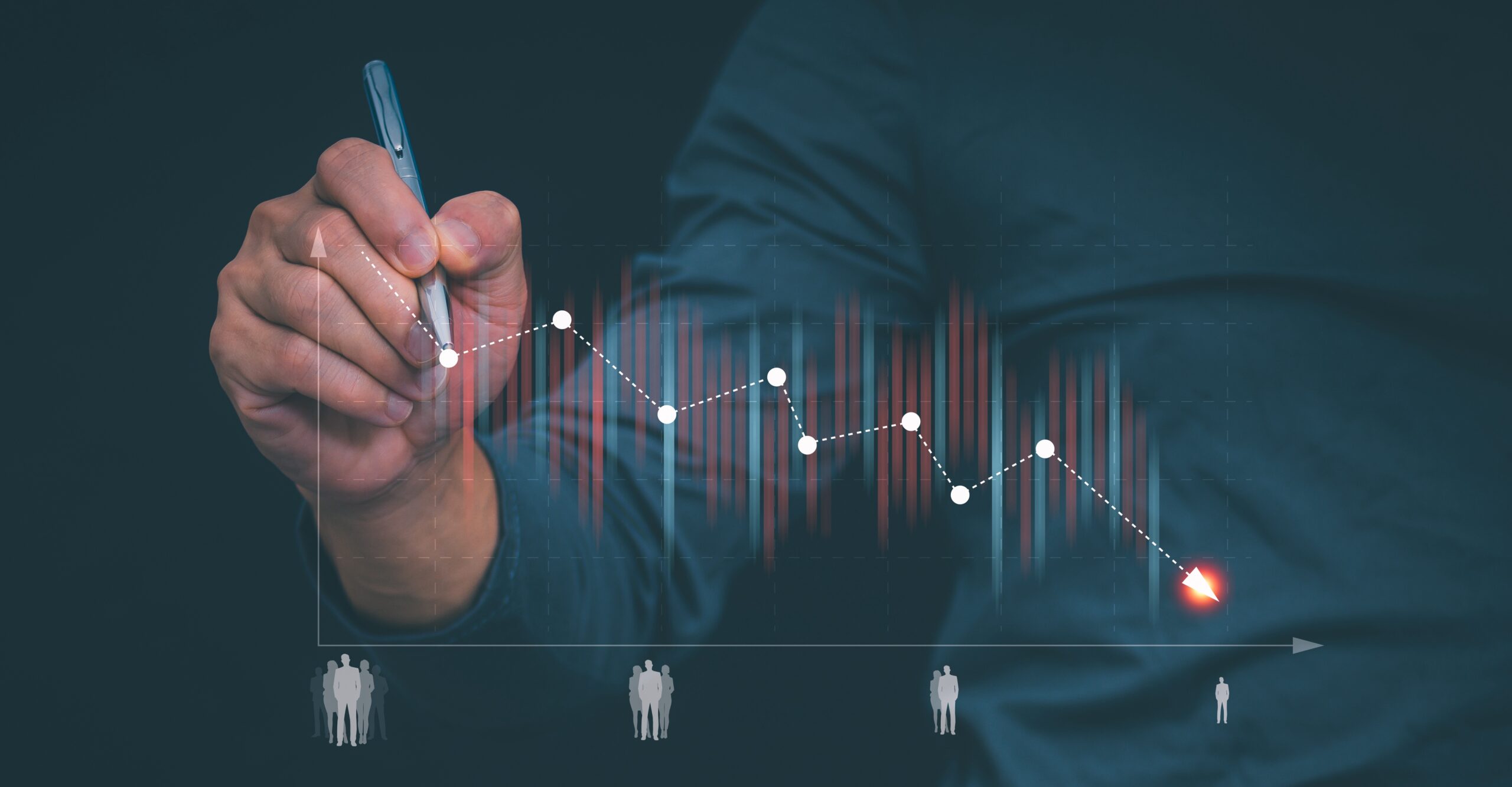Businessman shows labor market declining employment graph, human resource management concept Strategic goals for business growth, employment, and labor crises